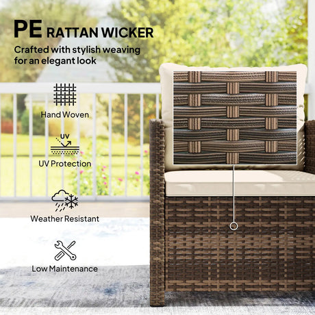 Outsunny Rattan Bistro Set, 3 Piece Garden Furniture Set with 2 Tier Glass Top Table and Cushions, Mixed Brown