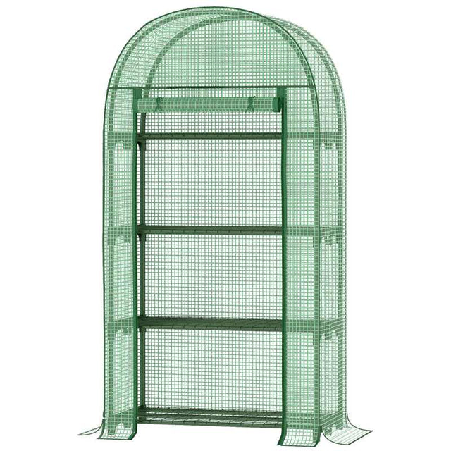 Outsunny 80 x 49 x 160cm Mini Greenhouse for Outdoor, Portable Gardening Plant Green House with Storage Shelf, Roll-Up Zippered Door, Metal Frame and PE Cover, Green