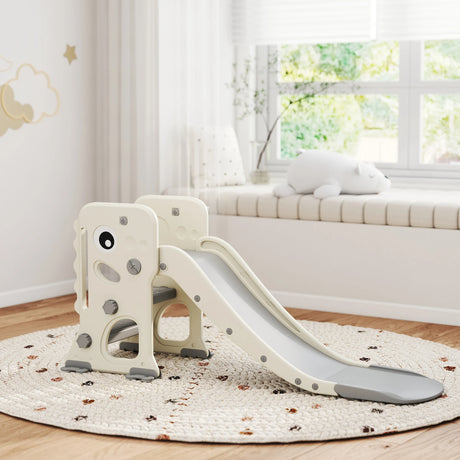 AIYAPLAY 3 in 1 Kids Slide with Climber, Basketball Hoop and Ball, Foldable Indoor Toddler Slide for Ages 2-5, Cream White