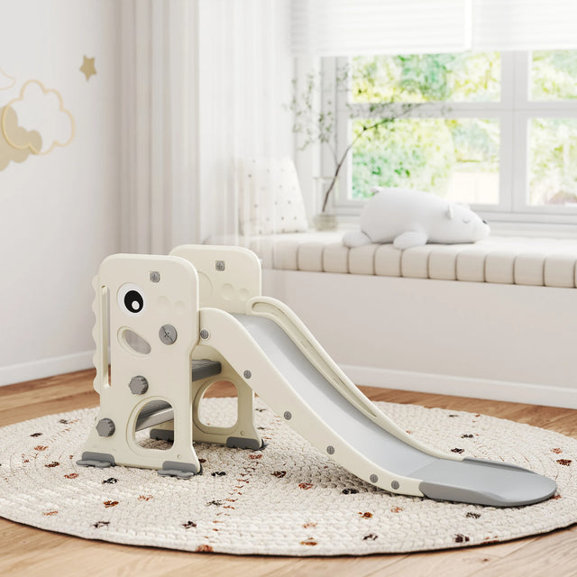 AIYAPLAY 3 in 1 Kids Slide with Climber, Basketball Hoop and Ball, Foldable Indoor Toddler Slide for Ages 2-5, Cream White
