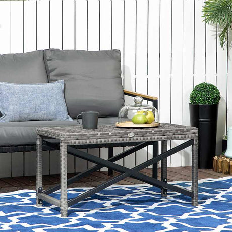 Outsunny Outdoor Coffee Table, Garden PE Rattan Side Table with Plastic Board Under the Full Woven Table Top and X-Shape Frame for Patio, Balcony, Mixed Grey