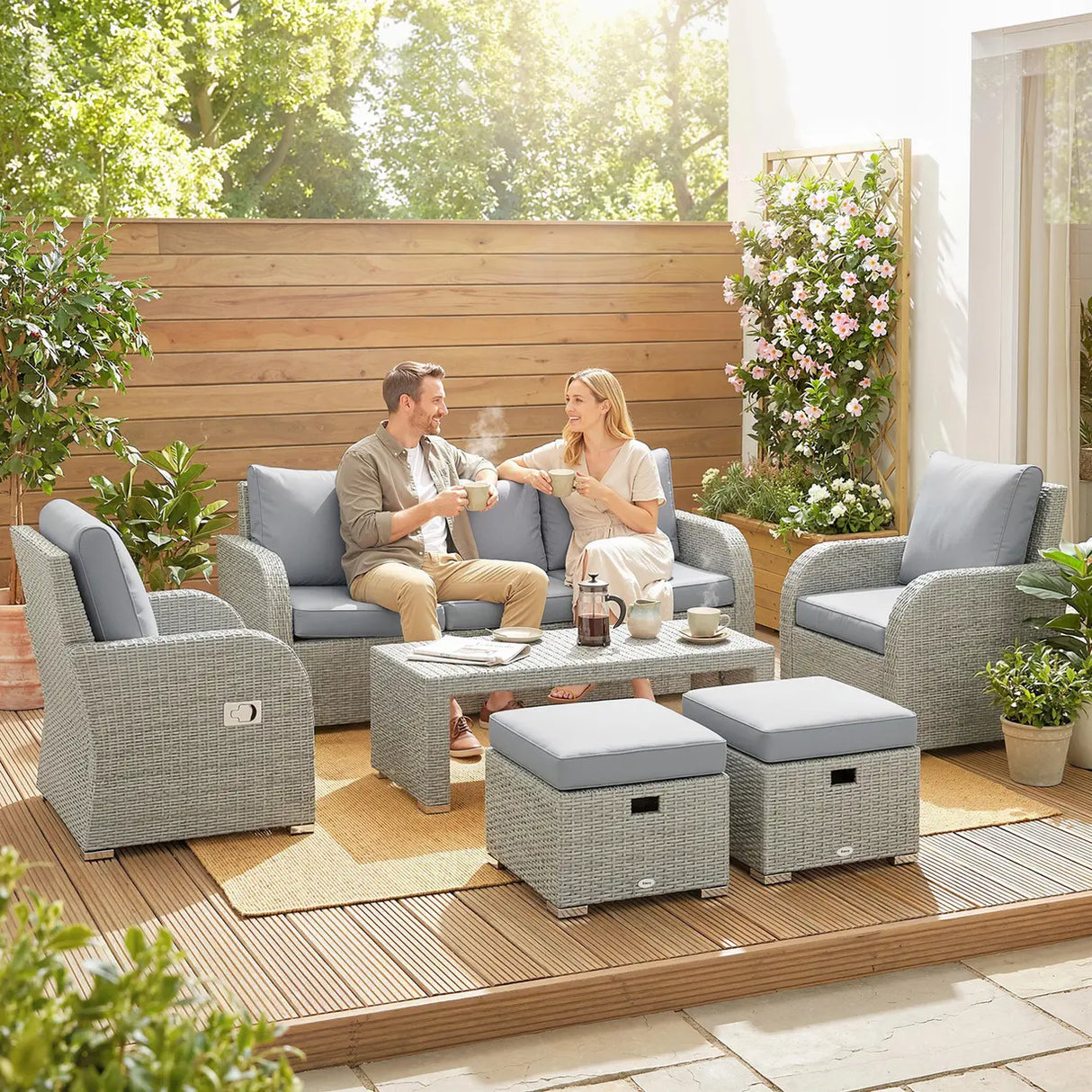 Outsunny Six-piece Rattan Garden Furniture Set with Reclining Armchairs - Dark Grey