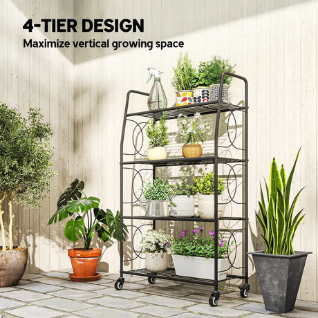 Outsunny 4-Tier Metal Plant Stand, Heavy Duty Ladder Shelf Potted Plants Display Rack with Lockable Wheels