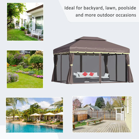 Outsunny 3 x 4m Aluminium Garden Gazebo, Marquee Canopy Shelter Pavilion Party Tent with Nets and Curtains for Garden and Deck, Coffee