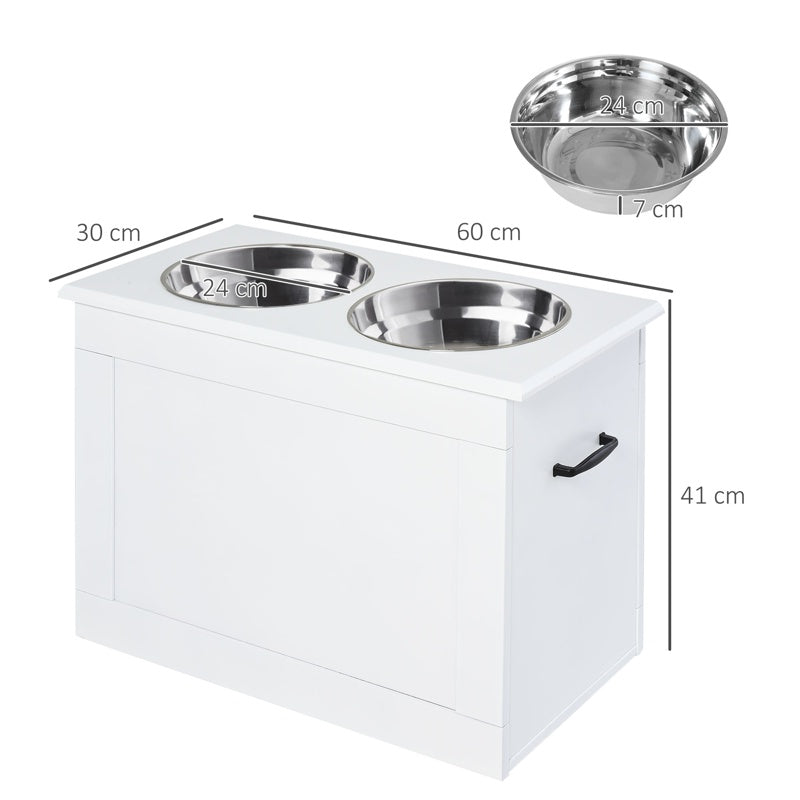 PawHut Raised Dog Bowls, with Storage, Two Stainless Steel Bowls, Elevated Base - White