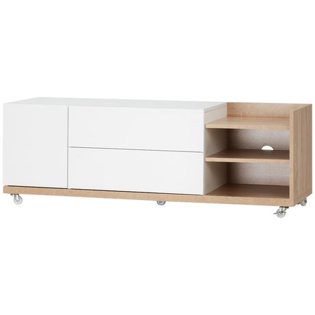 HOMCOM Modern TV Stand Unit for TVs up to 46" with Wheels, Storage Shelves and Drawers, 120cmx39cmx42cm, White and Natural