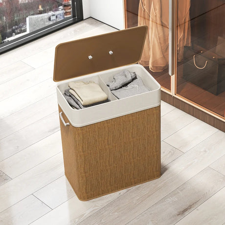 HOMCOM Double Laundry Basket with Lid, 100L Bamboo Laundry Hamper with Rope Handles, Washing Basket with Removable Liner for Bathroom, Bedroom, Brown