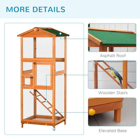 PawHut Wooden Bird Cage Budgie Cage for Canary Parakeet Aviary with Removable Tray,Asphalt Roof for Outdoor Indoor