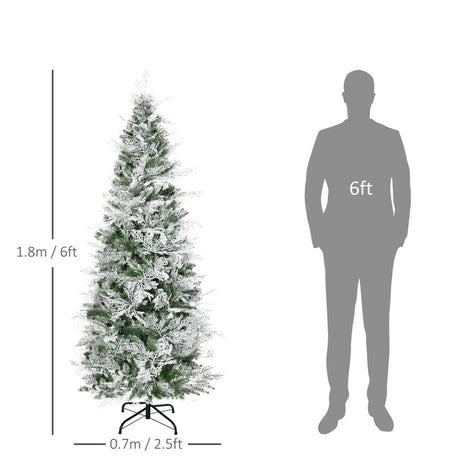 HOMCOM 6 Ft Pencil Snow Flocked Artificial Christmas Tree with Realistic Cypress Branches, Auto Open, Green