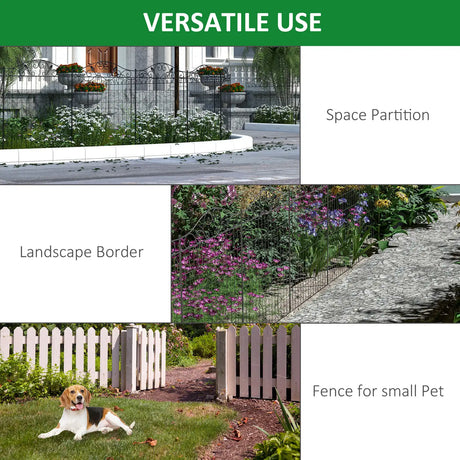 Outsunny Set of 2 Decorative Garden Fence, 8 Panels Metal Picket Fence, Versatile Shapes for Patio Lawn, 365cm x 112cm, Black