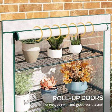 Outsunny 4 Tier Lean-to Mini Greenhouse with Reinforced PE Cover, Portable Small Greenhouse with Roll-Up Door, Green Hemmed Edging, 110 x 50 x 171cm, Green