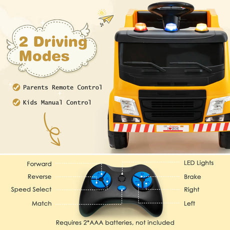 12V Kids Ride-on Garbage Truck with Warning Lights-Yellow