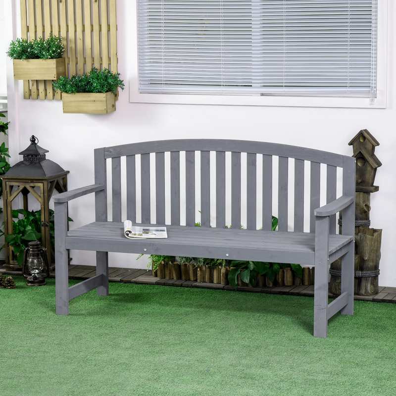 Outsunny 2 Seater Wooden Garden Bench with Armrest, Outdoor Furniture Chair for Park, Balcony, Grey