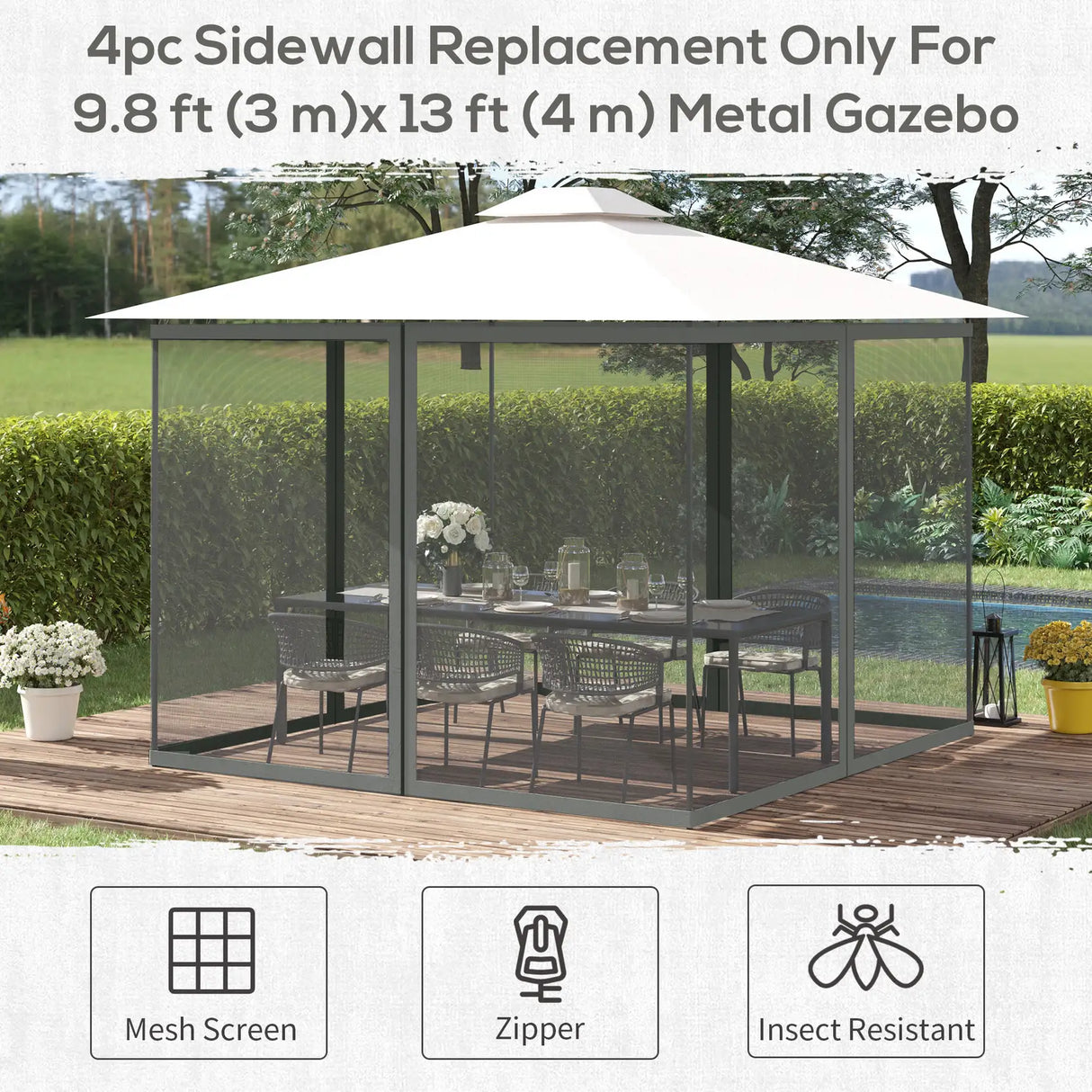 Outsunny 352 x 207cm Universal Replacement Mesh Sidewall Netting for Patio Gazebos and Canopy Tents, (Sidewall Only) Dark Grey