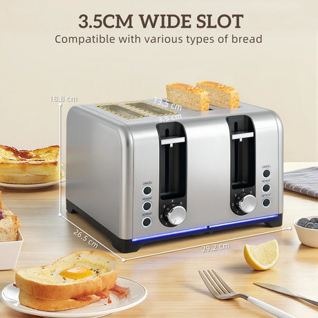 HOMCOM Kettle and Toaster Set, 1.7L 3000W Rapid Boil Jug Kettle with Strix Thermostat, Limescale Filter, 4 Slice Toaster with 7 Browning Controls, Crumb Tray, Silver Tone