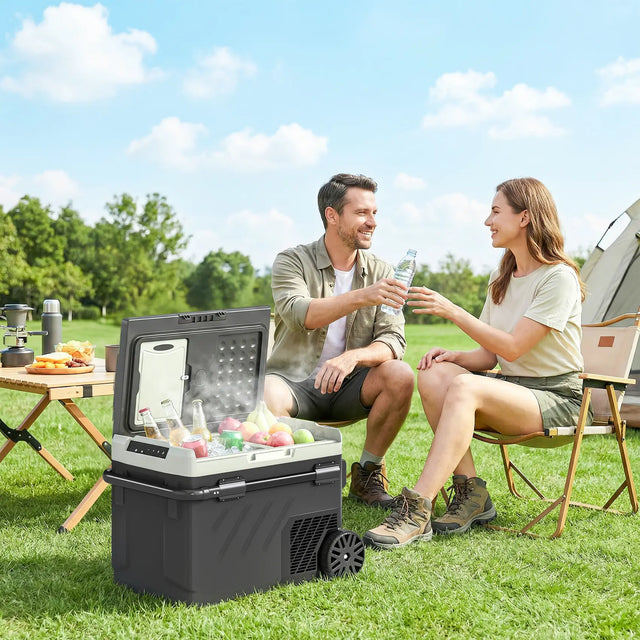 Outsunny 40L Compressor Car Fridge Freezer, Dual Zone Camping Refrigerator with App Control, Telescopic Handle, -20C-20C