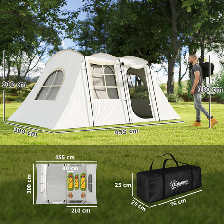 Outsunny 4 Man Tunnel Tent, Family Camping Tent with Porch, Bedroom and Living Area, Sewn in Groundsheet, 3000mm Waterproof, Portable with Bag for Hiking, Festival, Backpacking, Khaki