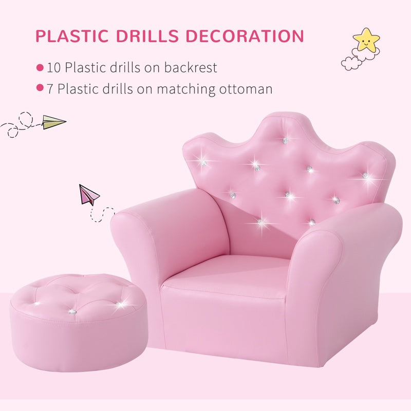 HOMCOM Children Kids Sofa Set Armchair Chair Seat with Free Footstool PU Leather for Girls 58L x 40.5W x 49H cm Pink