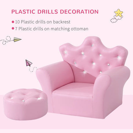 HOMCOM Children Kids Sofa Set Armchair Chair Seat with Free Footstool PU Leather for Girls 58L x 40.5W x 49H cm Pink