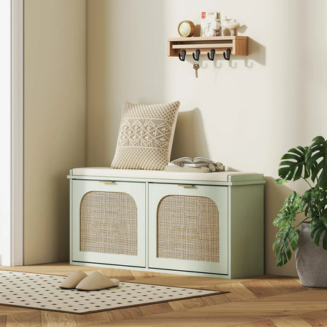 HOMCOM Boho Shoe Bench with Padded Seat and 2 Flip-Drawers - Light Green