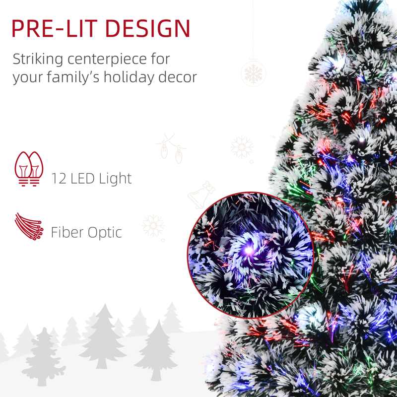 HOMCOM 3ft Artificial Prelit Christmas Tree, Snow Xmas Tree with Colourful LED Lighting Fiber Optics, Green White