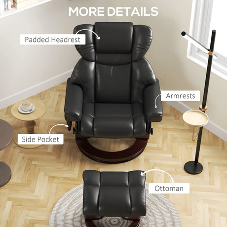 HOMCOM Massage Recliner Chair with Footstool, Upholstered Reclining Armchair with Adjustable Backrest, Steel Frame and Wood Base, Swivel Chair for Living Room, Bedroom, Black