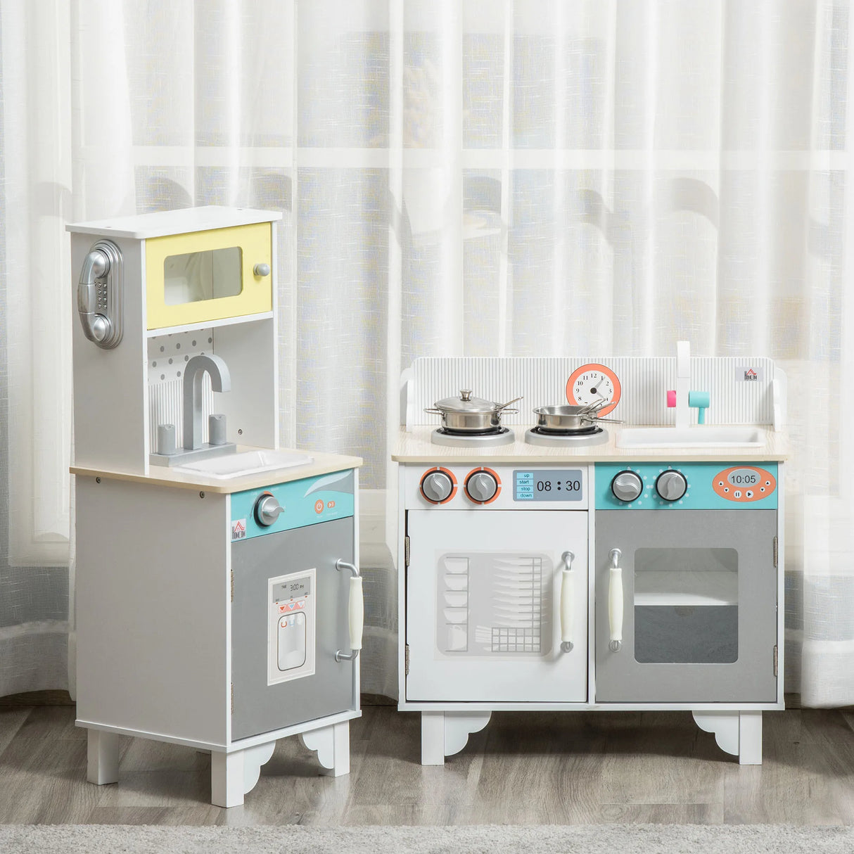 HOMCOM Two Kids Wooden Toy Kitchen Play Cooking Set Pretend Role Playset, with  Sink, Telephone, Storage Basket, for 3-6 Years Old