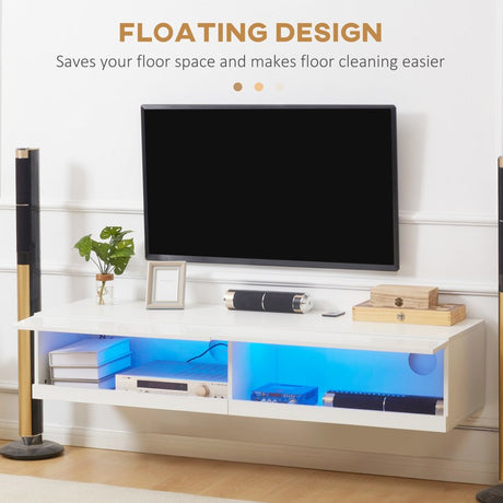 HOMCOM Floating TV Unit, Wall Mounted TV Cabinet for TVs up to 65", High Gloss Media Wall Unit with LED Lights, Storage Shelves for Living Entertainment Room, White