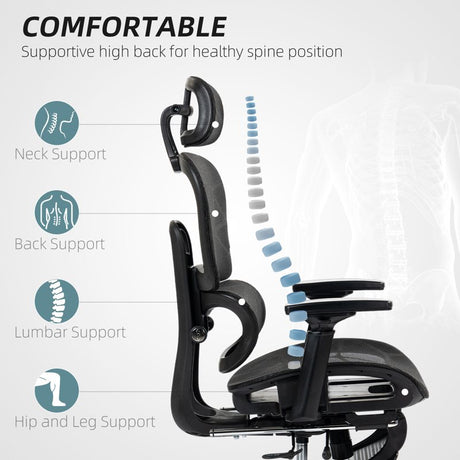 HOMCOM Executive Office Chair, Ergonomic Mesh High Back Desk Chair with Lumbar Support, Reclining Function, Swivel Computer Chair with 3D Armrest, Headrest, Footrest, Black