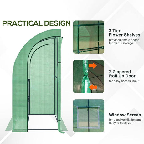 Outsunny Walk-In Lean to Wall Greenhouse with Windows and Doors, Outdoor Green House with 3 Tiers 4 Wired Shelves, 200L x 100W x 215Hcm, Green