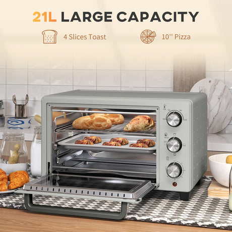 HOMCOM 21L Mini Countertop Oven, 100C-230C Adjustable Temp - Silver Tone