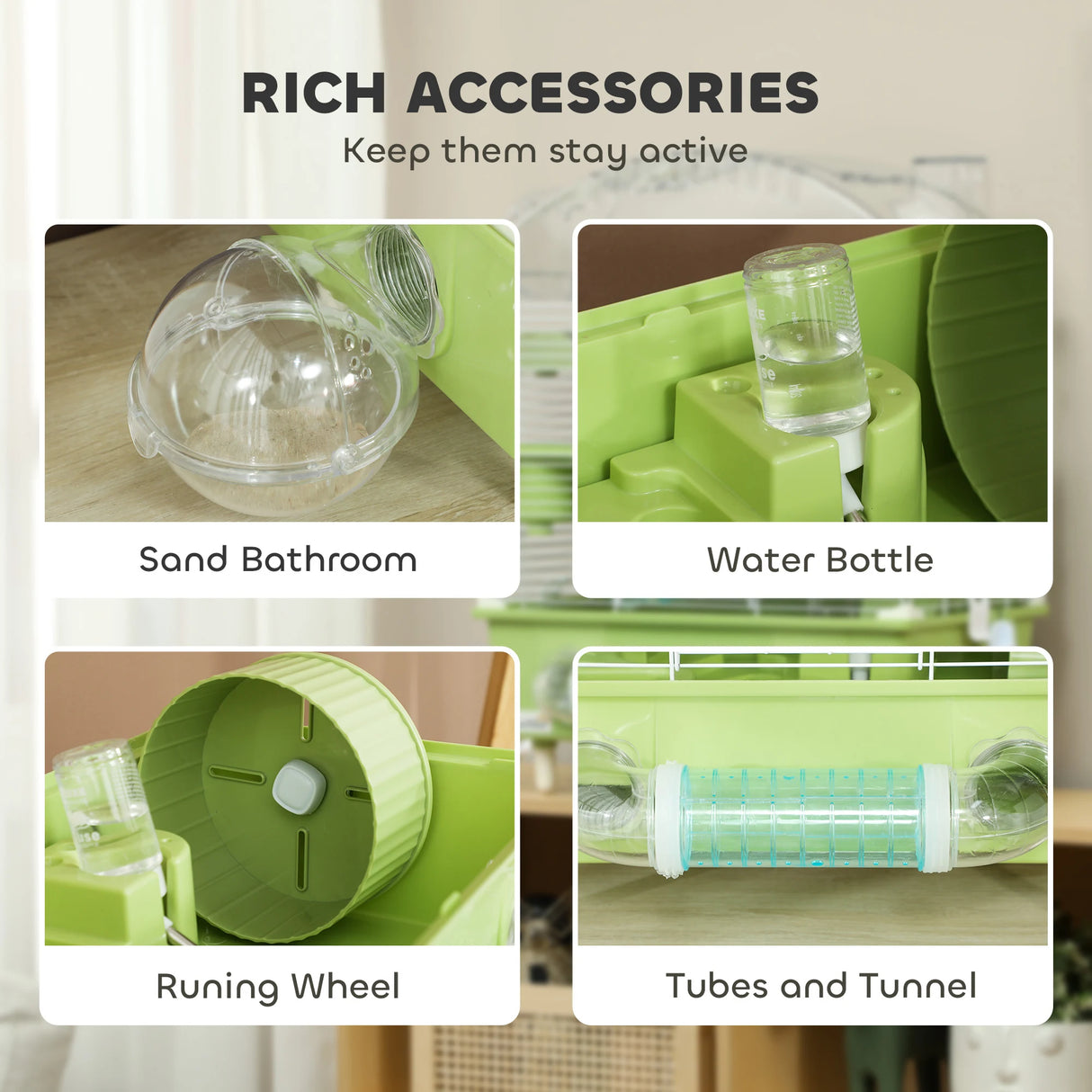 PawHut 3-Tier Hamster Cage with Transparent Top, Sand Bathroom, Exercise Wheel, Hideout Room, Tubes, 45 x 28 x 60 cm, Green