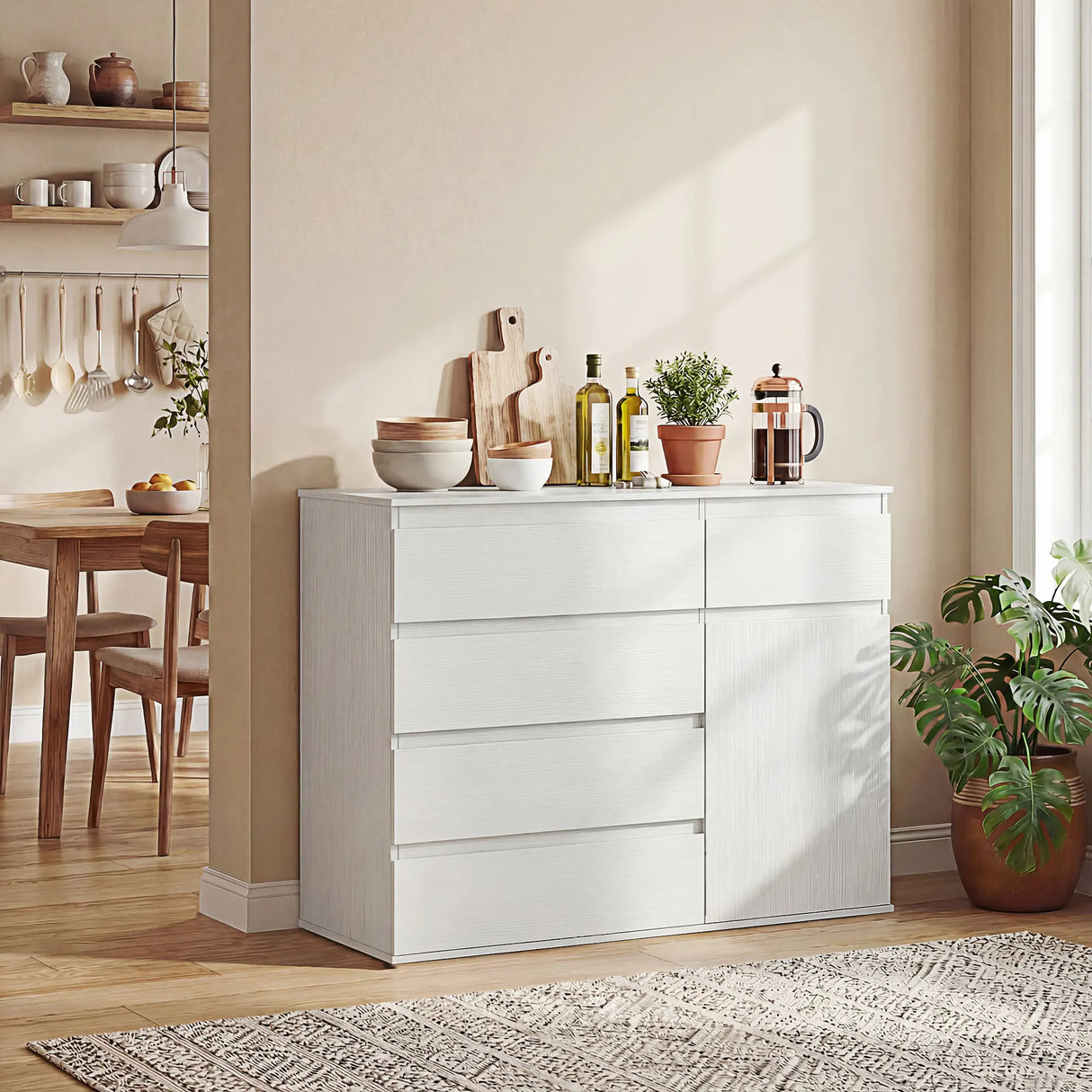HOMCOM Modern Sideboard, Sideboard Storage Cabinet with 5 Drawers, Adjustable Shelf, Soft-Close Door, White