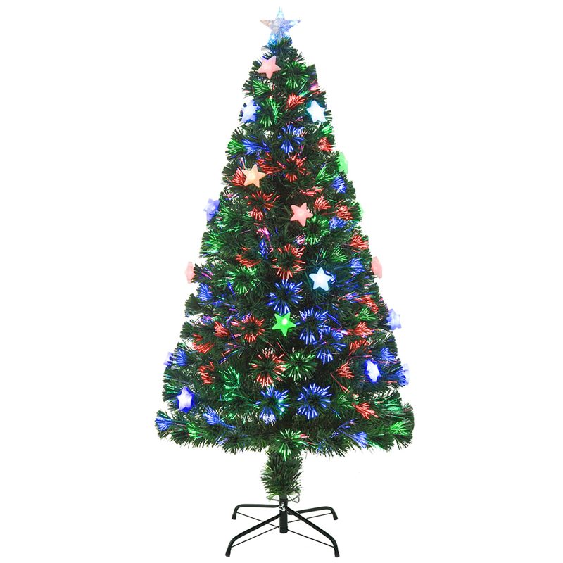 HOMCOM 5FT Prelit Artificial Christmas Tree Fibre Optic Star LED Light Holiday Home Xmas Decoration with LED Light for Indoor Party, Green