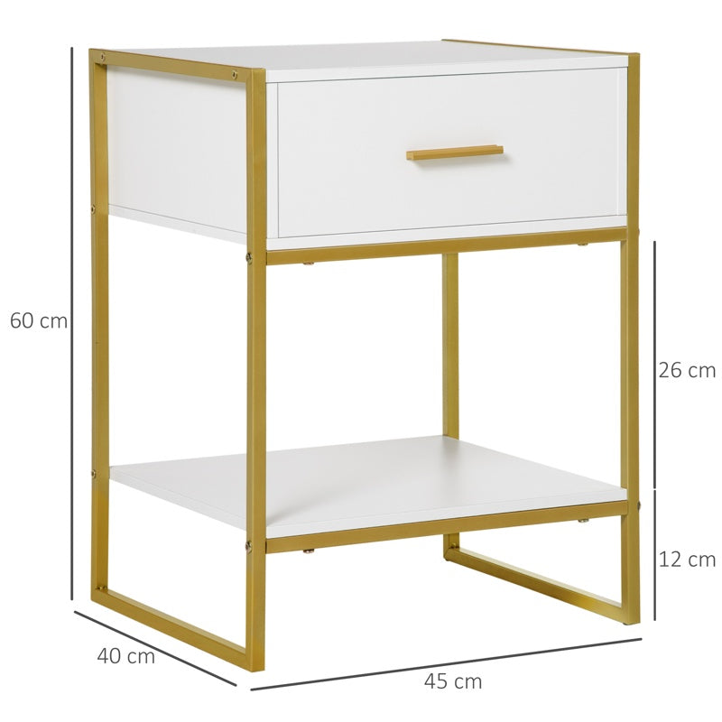 HOMCOM Bedside Table, Modern Side Table with Drawer and Shelf, Nightstand for Bedroom, White