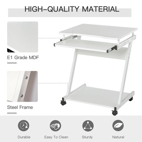 HOMCOM Movable Computer Desk with 4 Moving Wheels Sliding Keyboard Tray Home Office Workstation White