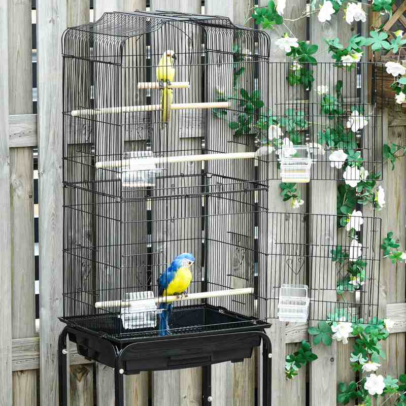 PawHut Bird Cage Budgie Cages for Finch Canary Parakeet with Stand Wheels Slide-out Tray Accessories Storage Shelf, Black 46.5 x 36 x 157 cm