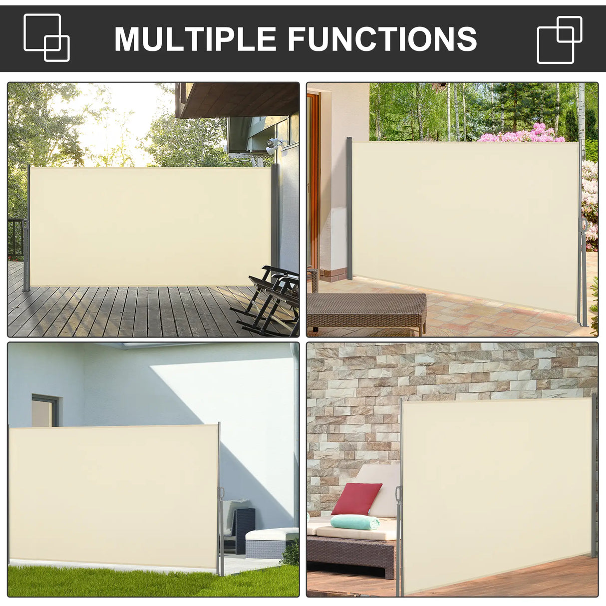 Outsunny Retractable Sun Side Awning Screen Fence Patio Garden Wall Balcony Screening Panel Outdoor Blind Privacy Divider (3x1.6M, Cream White)