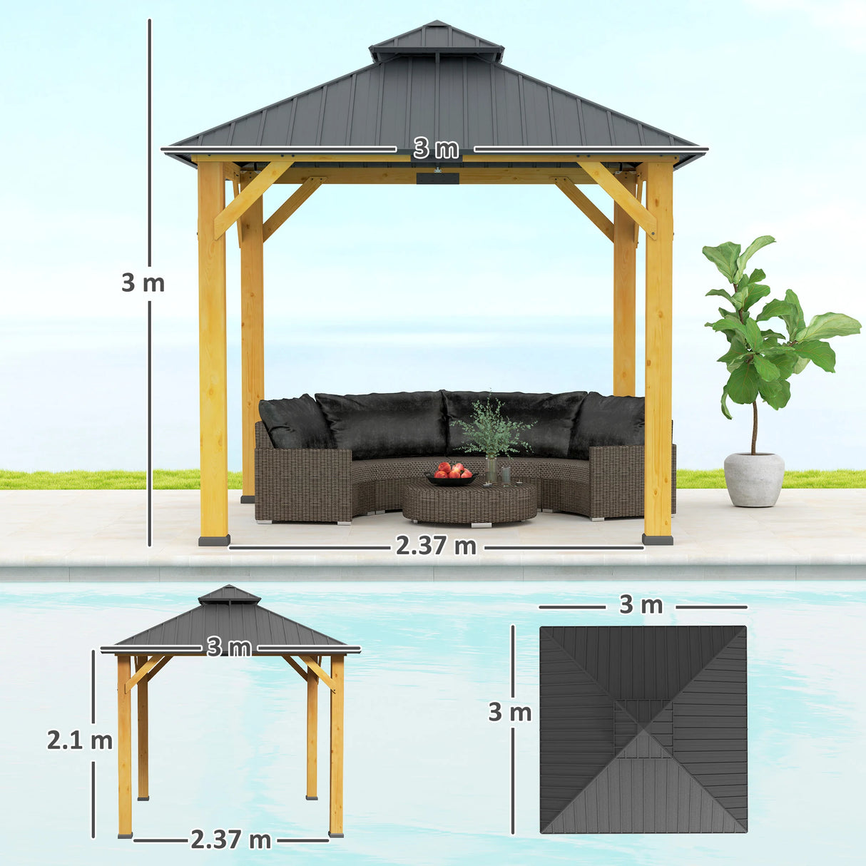 Outsunny 3x(3)M Outdoor Hardtop Gazebo Canopy with 2-Tier Roof and Solid Wood Frame, Outdoor Patio Shelter for Patio, Garden, Grey