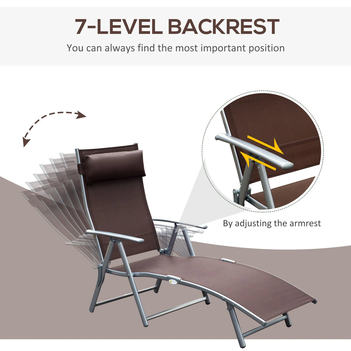 Outsunny Sun Lounger Steel Frame Outdoor Folding Chaise Texteline Lounge Chair Recliner with Headrest & 7 Levels Adjustable Backrest, Brown