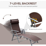 Outsunny Sun Lounger Steel Frame Outdoor Folding Chaise Texteline Lounge Chair Recliner with Headrest & 7 Levels Adjustable Backrest, Brown