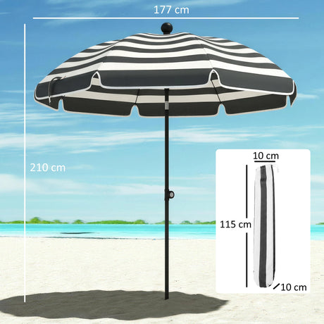 Outsunny 1.8 m Beach Umbrella Parasol with Sand Anchor, Portable 30 Tilting Patio Sun Shade with Adjustable Height, Grey/White
