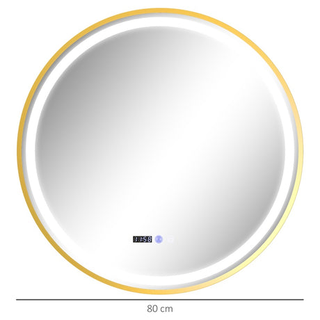 HOMCOM Round Bathroom Mirror with LED Lights, 800mm Backlit Illuminated Bathroom Mirror, Dimmable Wall Mounted Vanity Mirror with Demister Pad, Touch Switch, Time and Temp Display, Gold Tone