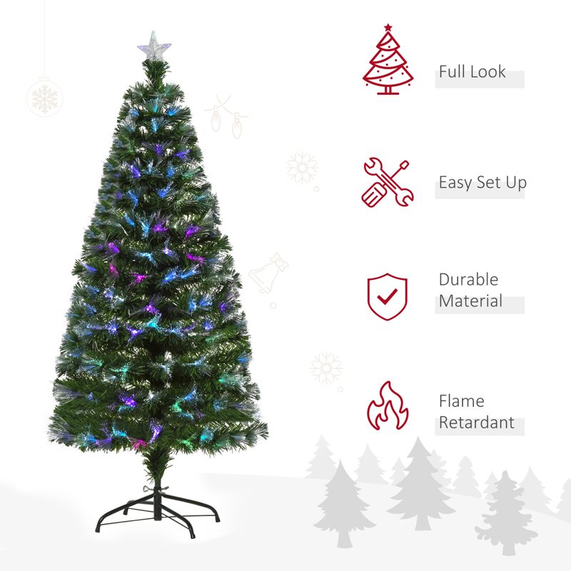 HOMCOM 5FT Multicoloured Artificial Christmas Tree w/ Fibre Optic Lights Pre-Lit Modes Metal Stand Star Holder Home Seasonal Decoration