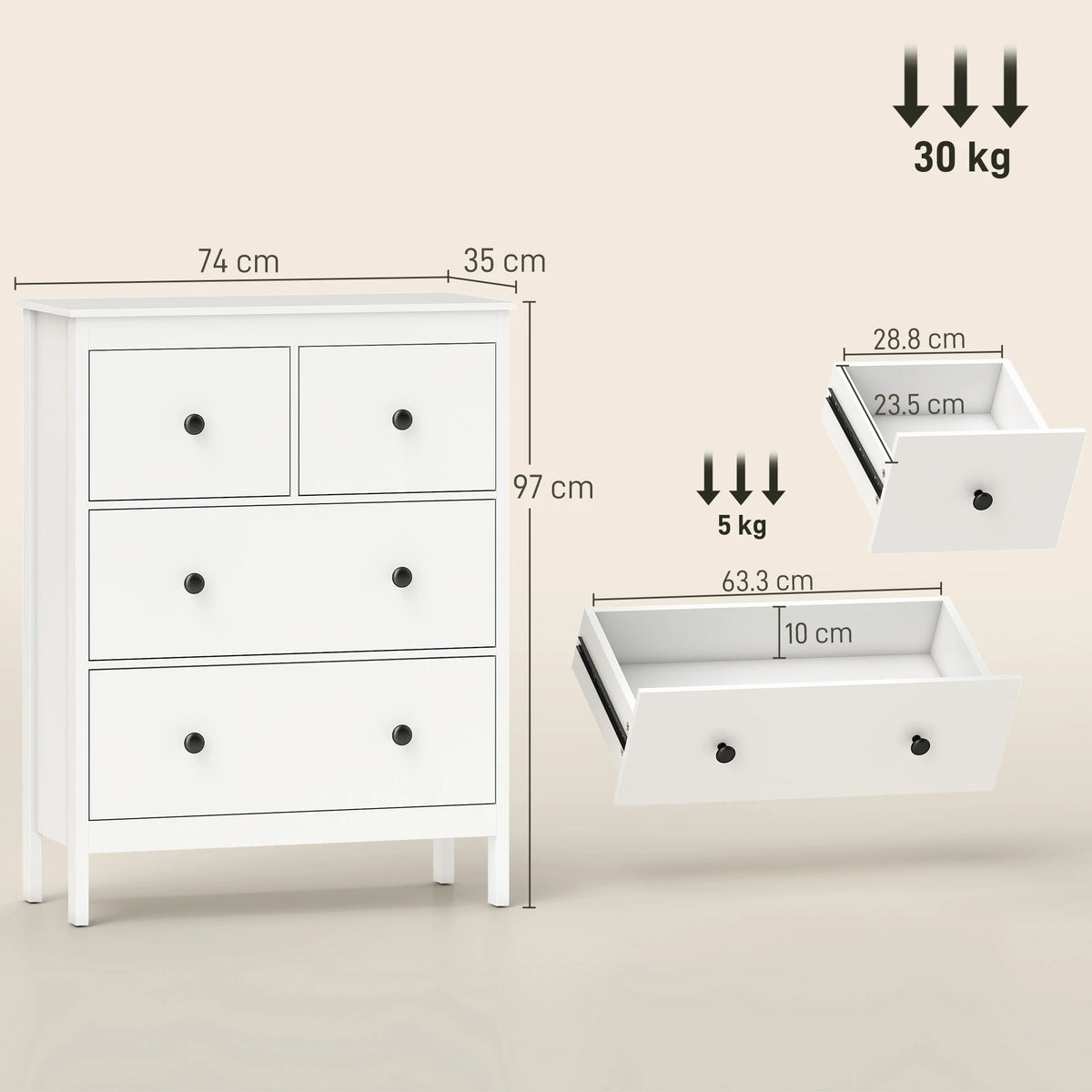HOMCOM Modern Chest of Drawers, 4 Drawer Dresser Clothes Storage Organiser for Living Room, Hallway, Entryway, White