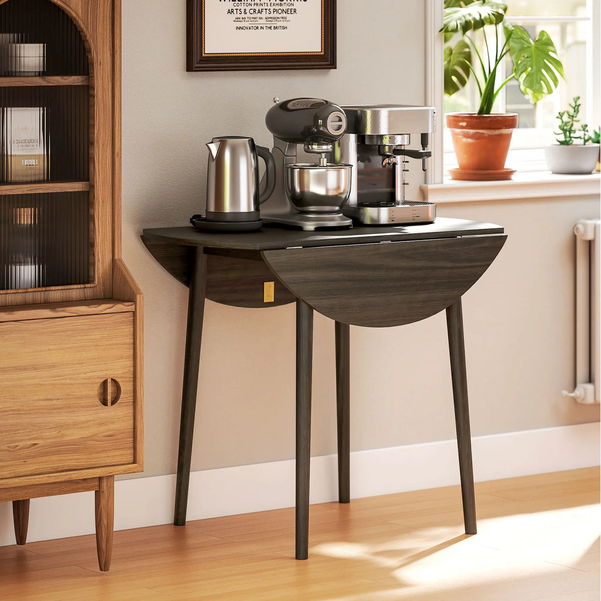 HOMCOM Folding Dining Table for 4, Round Drop Leaf Table, Modern Space Saving Small Kitchen Table with Wood Legs for Dining Room, Grey