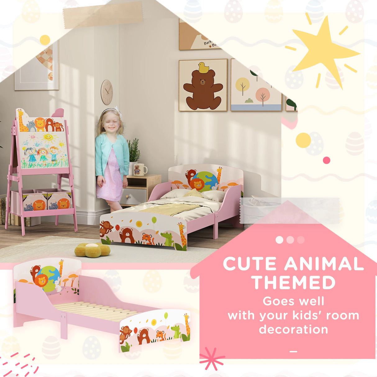 AIYAPLAY Cute Animal-Themed Toddler Bed, with Safety Rails, 143 x 77 x 60cm, Pink
