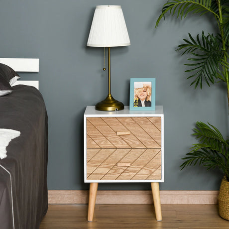 HOMCOM 2 Drawers Bedside Table with Pine Legs, Bedroom Wooden Storage Cabinet, Natural