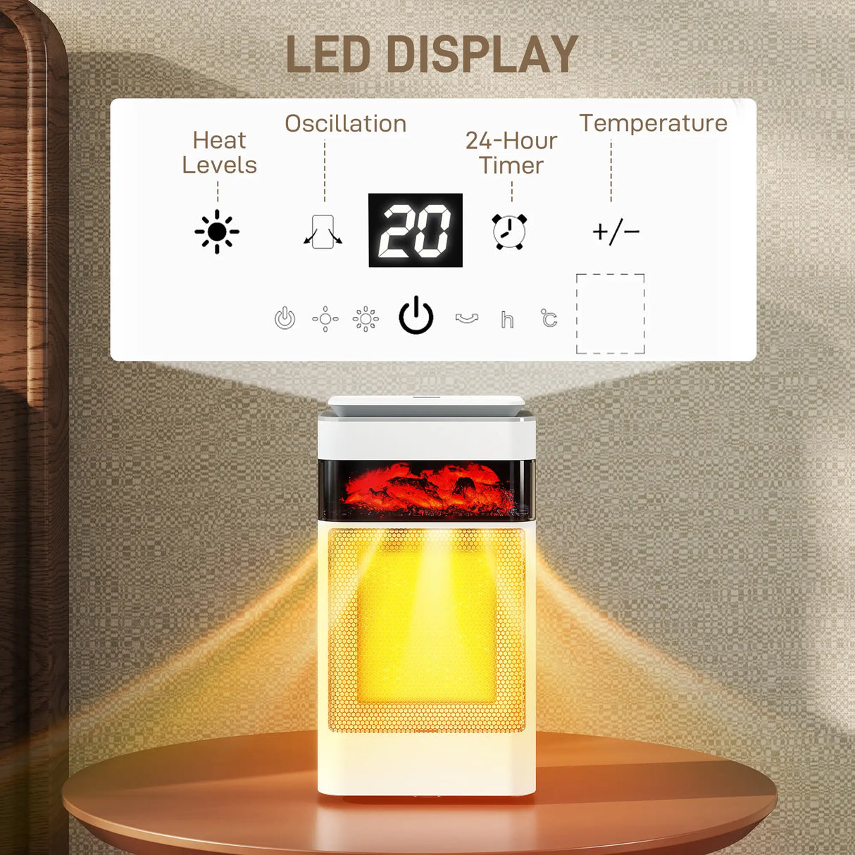 HOMCOM Ceramic Electric Heater, 1500W Fan Space Heater with 3 Modes, 24H Timer, Flame Effect, Oscillation for Bedroom, White