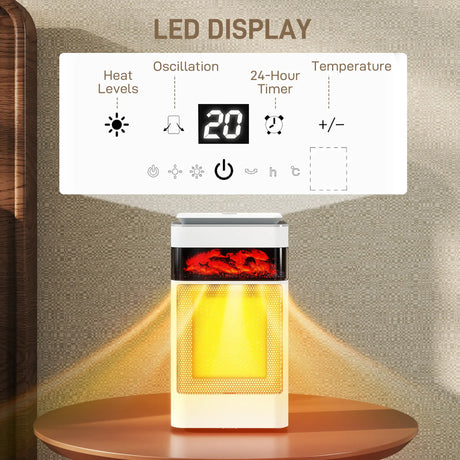 HOMCOM Ceramic Electric Heater, 1500W Fan Space Heater with 3 Modes, 24H Timer, Flame Effect, Oscillation for Bedroom, White